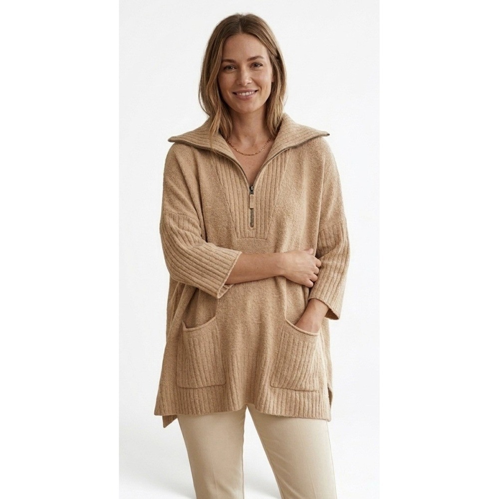 Barefoot Dreams CozyChic Lite Half Zip Rolled Edge Tunic Soft Camel XXS/XS NEW